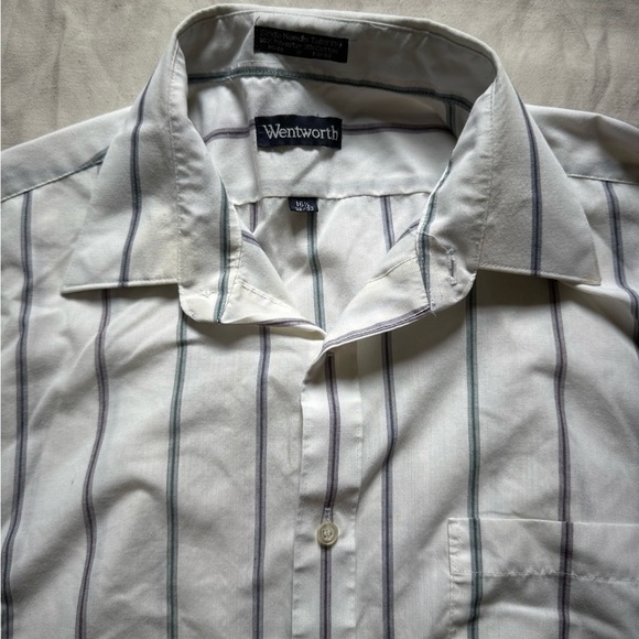 Vintage White Striped Button Down Shirt Wentworth Size 16 1/2 32/33 Front Pocket - Picture 2 of 5